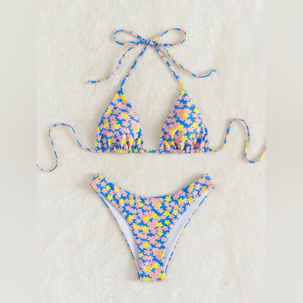 Floral Halter Triangle Bikini Swimsuit